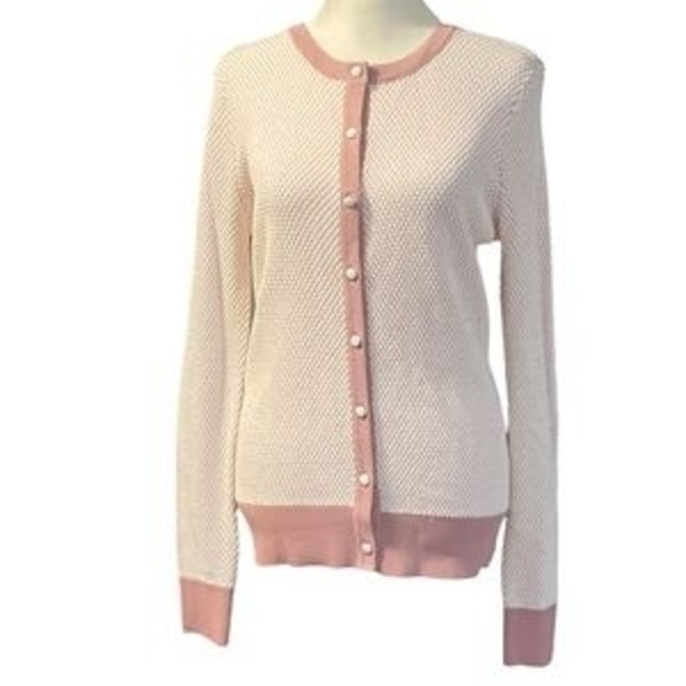 Elegant Women's Pink and Cream Cardigan, Sz. SMALL